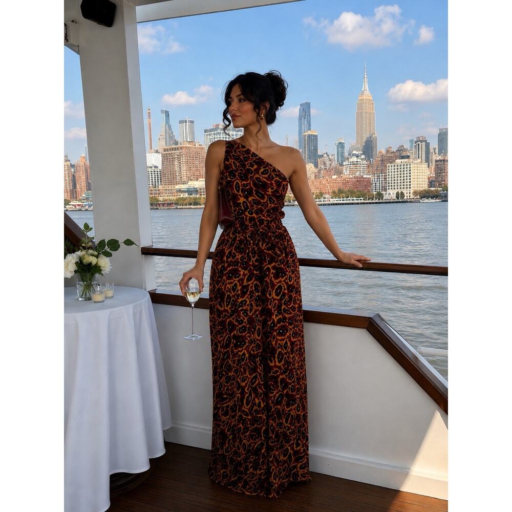 Nicole Miller Purple Abstract Print One Shoulder Maxi Dress Belted Evening Sz 6